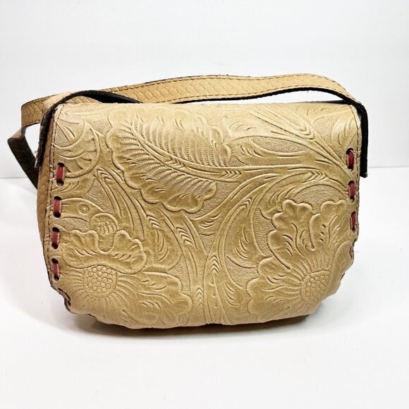 Genuine Leather Embossed Floral Tooled Saddle Bag Cream Purse Crossbody Bohemian - Picture 3 of 7